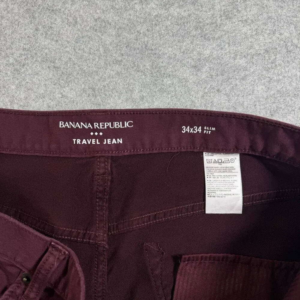 Banana Republic Travel Jeans Mens 34x34 Wine Burgundy Slim Stretch Denim Pants